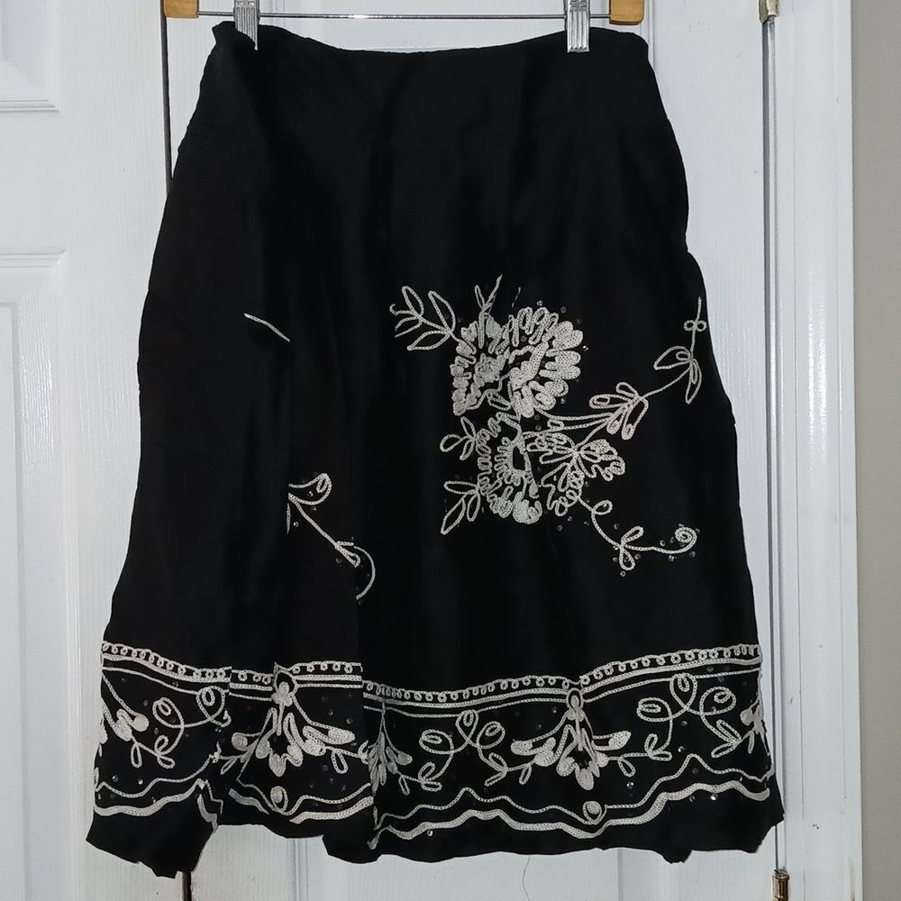 Talbots Collection vintage black linen silk blend embroidered sequin skirt Sz 10